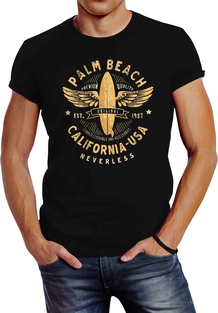Neverless Herren T-Shirt Surfing Motiv Vintage Effekt Palm Beach California USA Schriftzug Fashion Streetstyle schwarz 4XL