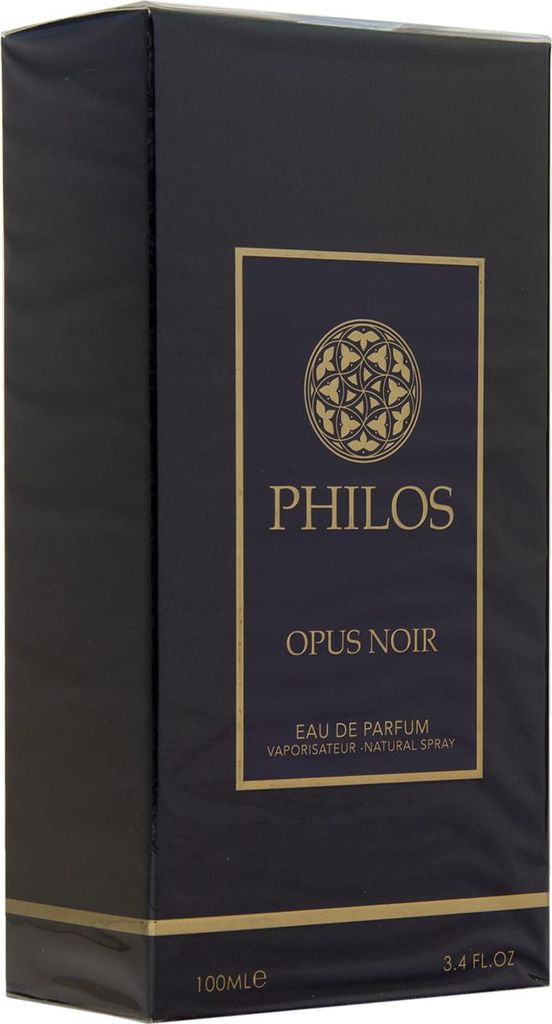A black box of perfume with gold lettering and a circular emblem.