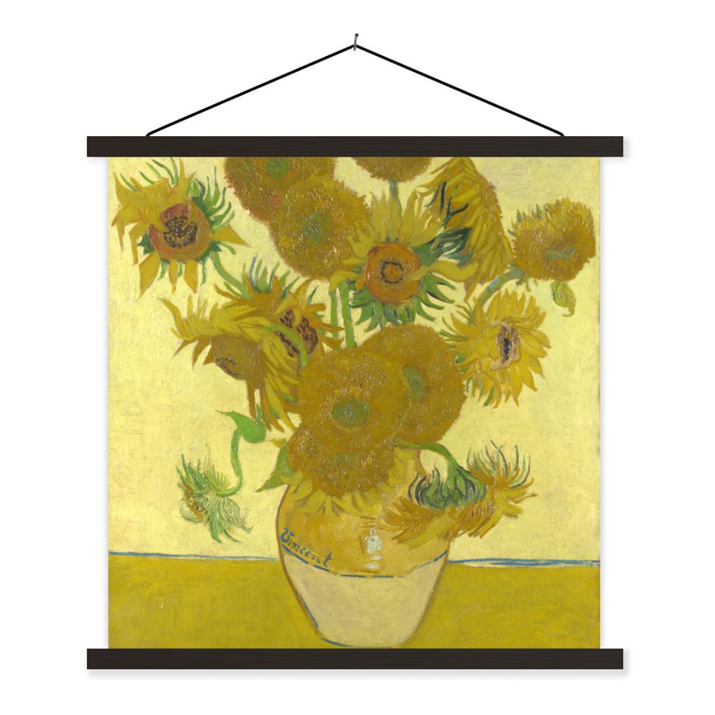 MuchoWow Textilposter Sonnenblumen - Vincent van Gogh 120x120 cm mit schwarzem Rahmen - Aufhängungsset