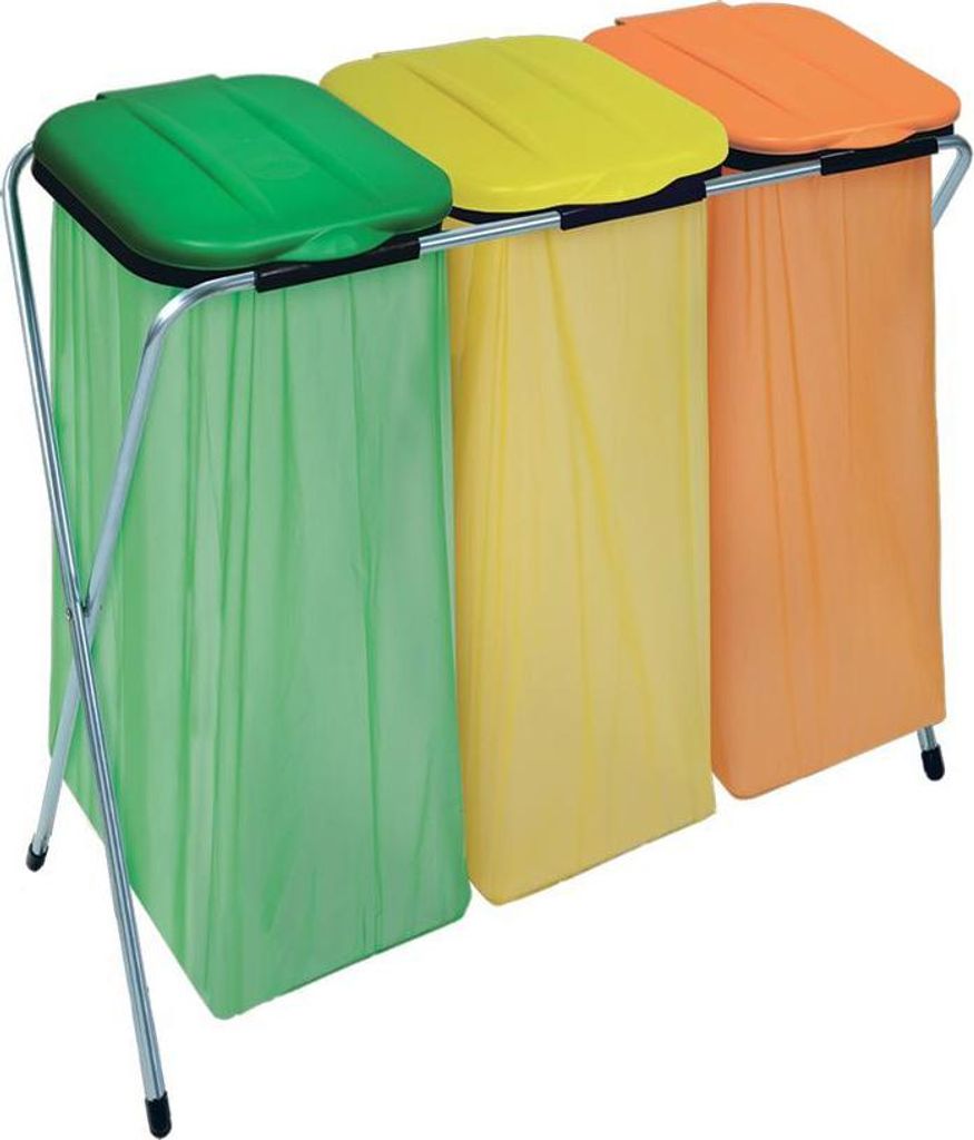 A three-bin recycling station with green, yellow, and orange bags on a silver metal frame.
