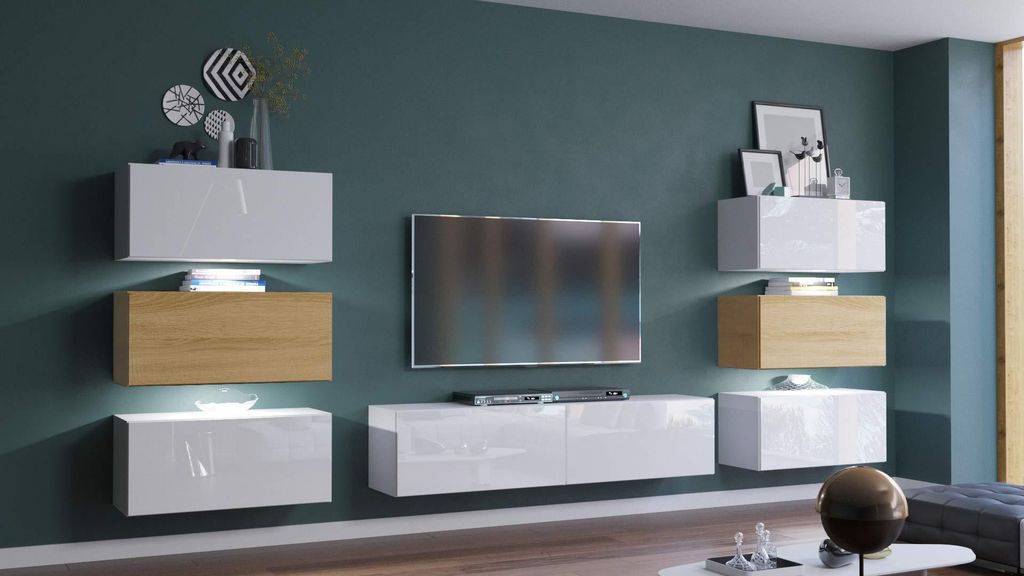 Furnitech Wohnwand Wohnzimmer | Wohnzimmer Möbel mit LED RGB - 16 Farben | Hängend Wohnwand Modern | Wohnzimmer Schrankwand mit Regale und TV Sch...