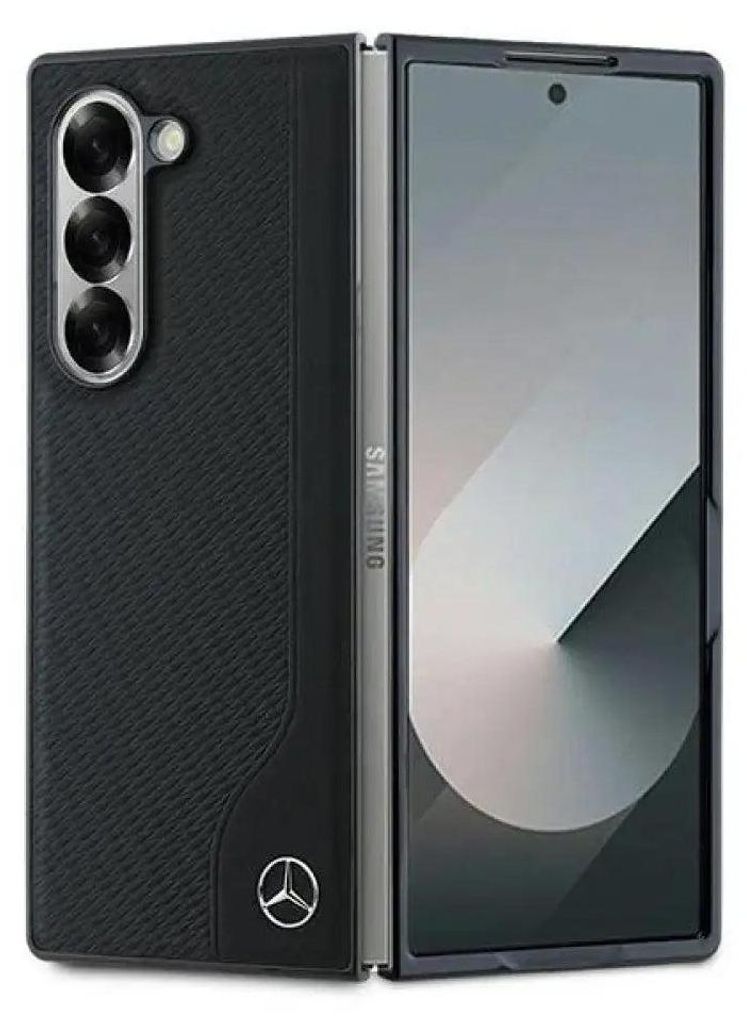 A folded smartphone case with a Mercedes-Benz logo on the front and the phone screen visible on the inside.