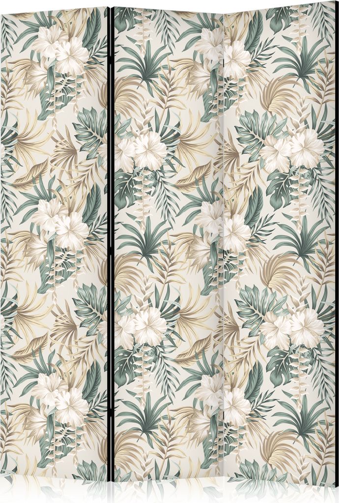 Neuheit! Dekorativer Paravent Raumteiler Trennwand Foto-Paravent Spanische Wand XXL 135x172 cm Tropisch Blätter weiß Blumen a-A-0093-z-b