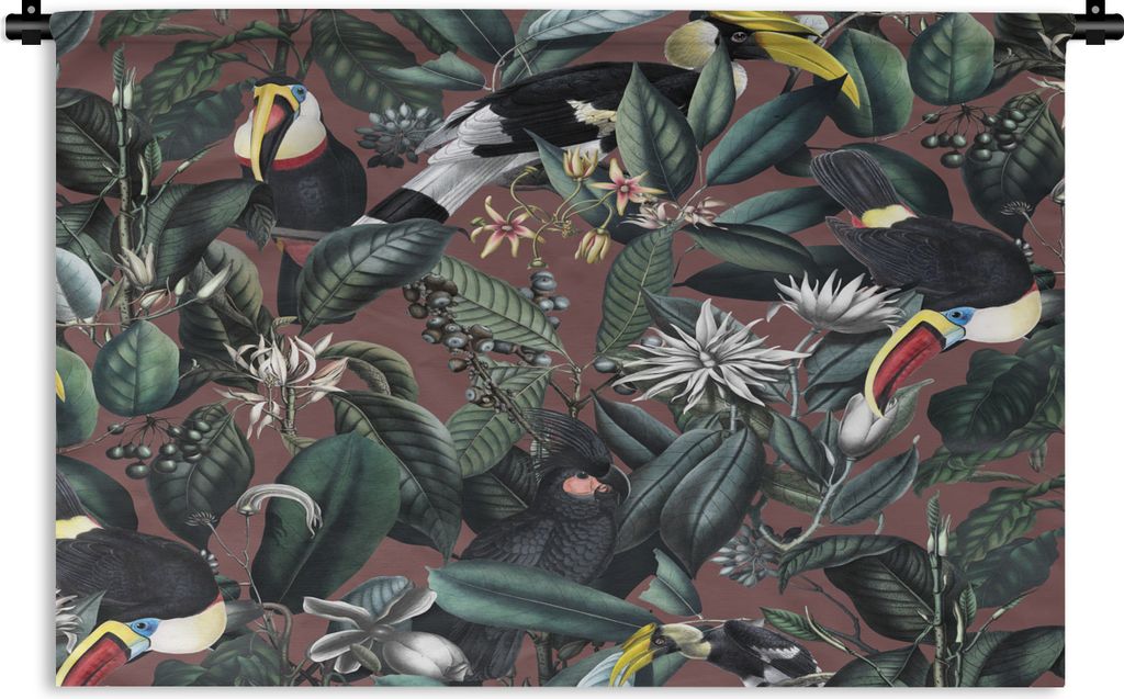 MuchoWow Wandteppich Wandbehang Blumen - Tukan - Blätter 150x100 cm Tapisserie Dekoration Wandtuch - Waschbar - Tapisserien - Wand-Decke