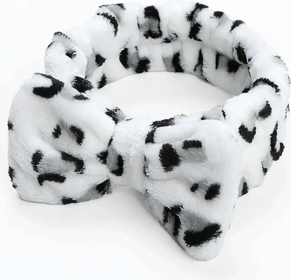 Cerchietto Capelli Leopardato Bianco in Morbido Pile per Skincare e Spa