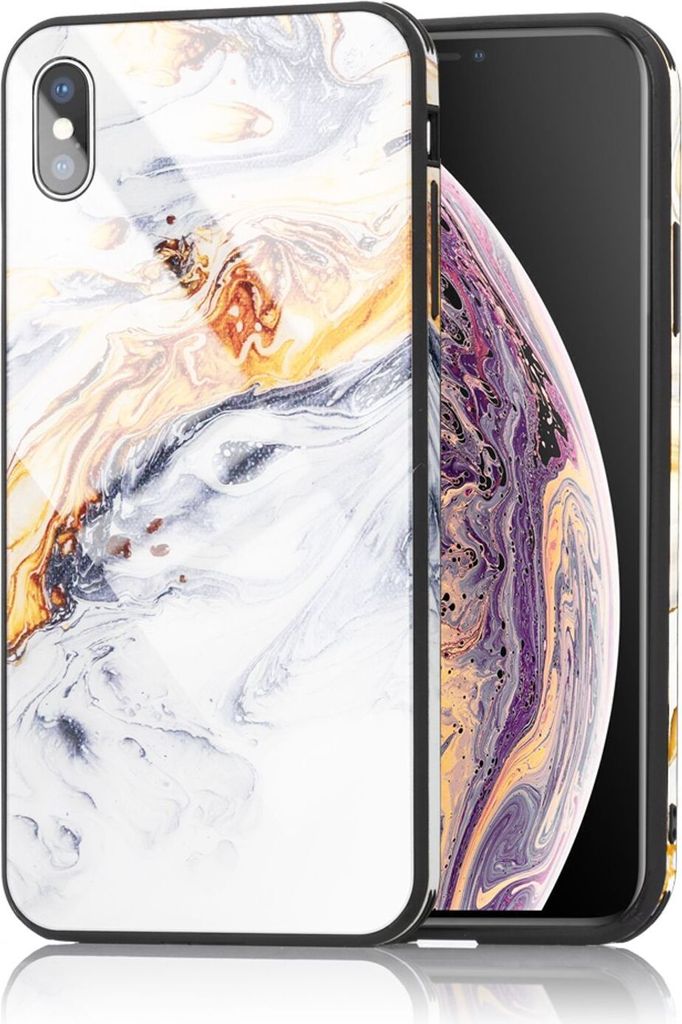 NALIA Handy Hülle für iPhone XS Max, Hartglas Marmor Design Schutz Case Cover Gold Grau