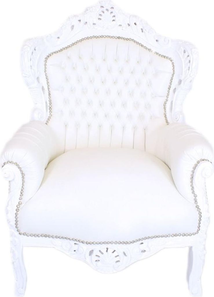 Casa Padrino Barock Sessel King in weißer Lederoptik mit Glitzersteinen - Limited Edition