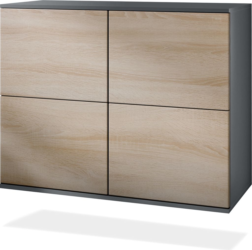 Vladon Kommode Rova V3, Moderner Küchenschrank mit 4 Push-to-Open Türen Anthrazit matt / Eiche sägerau (92,5 x 73.5 x 35)