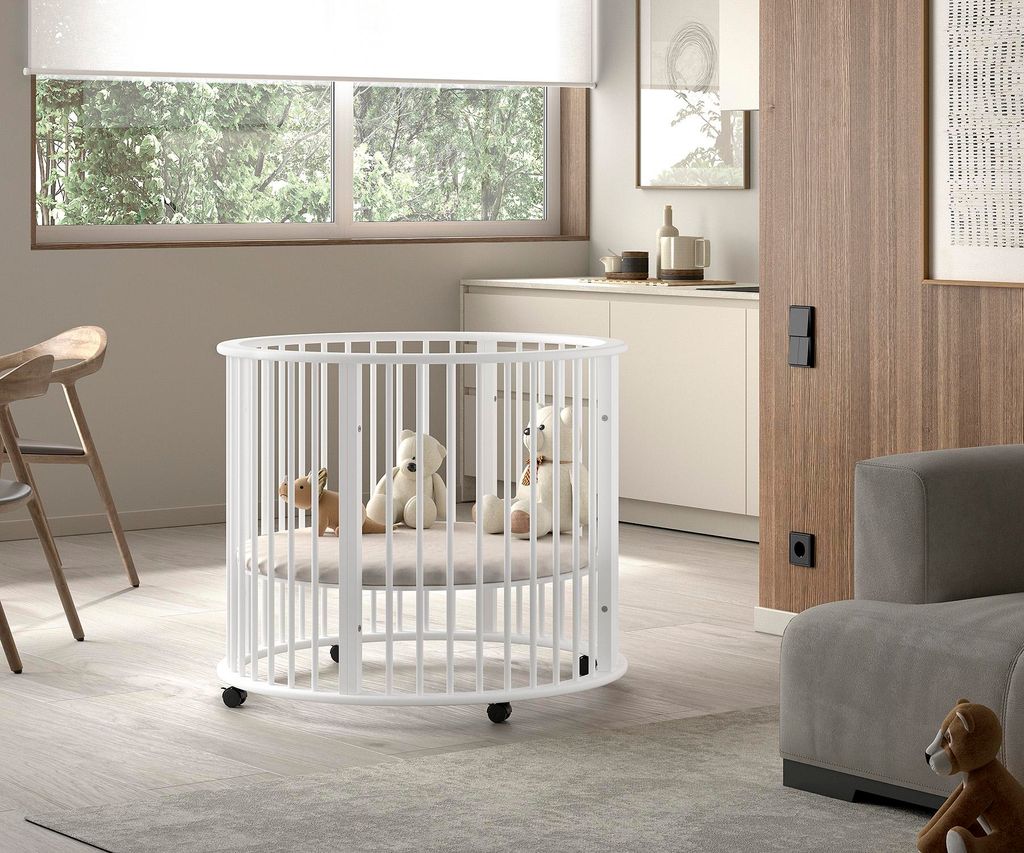 VIPACK - DINO Laufgitter in rund, 3-fach höhenverstellbar, inkl. Rollen, Buche massiv weiß lackiert