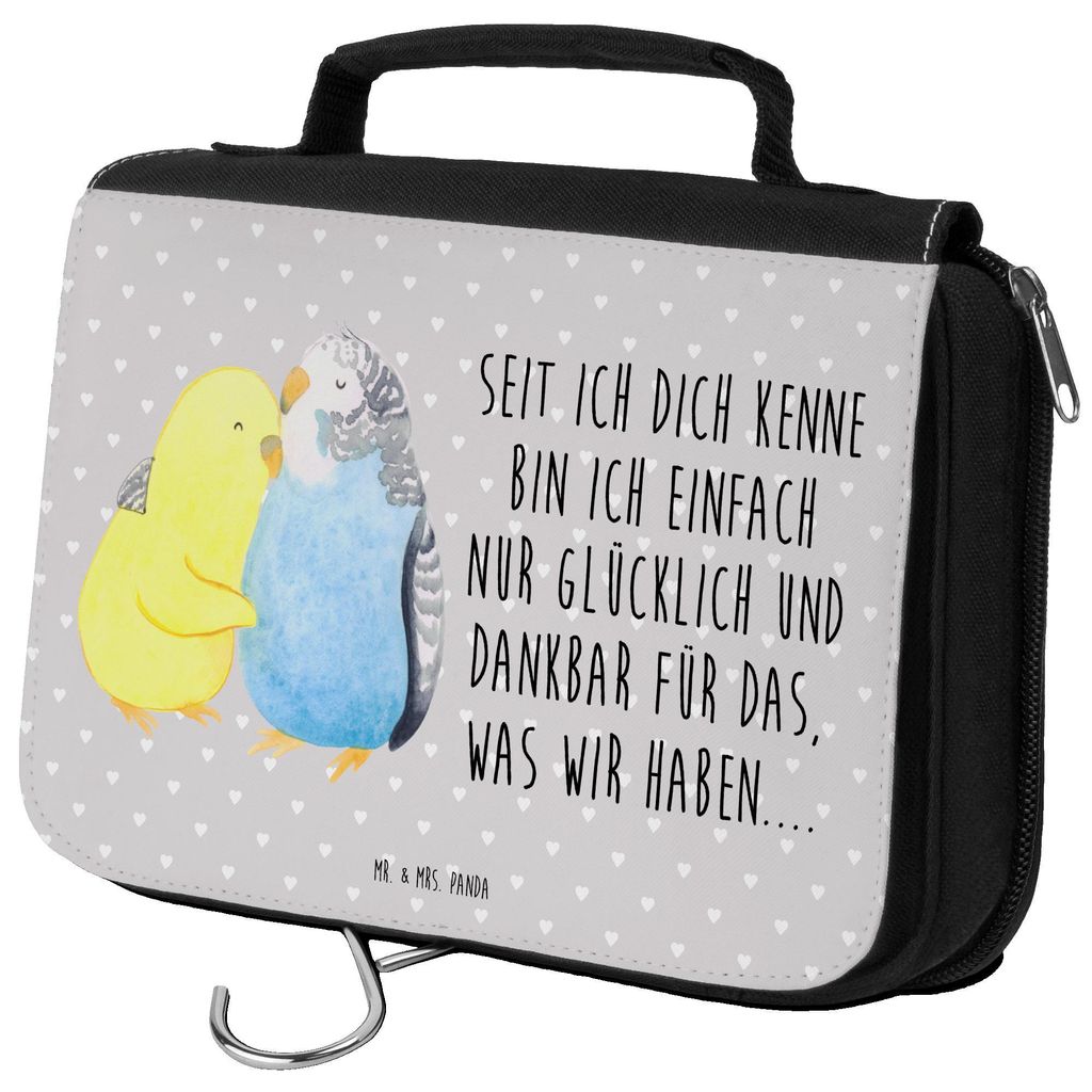 Mr. & Mrs. Panda Kulturtasche Wellensittich Liebe - Grau Pastell - Geschenk, Kosmetiktasche, kosmetiktäschchen, Umarmung, Reisebeutel, Vertrauen, ...