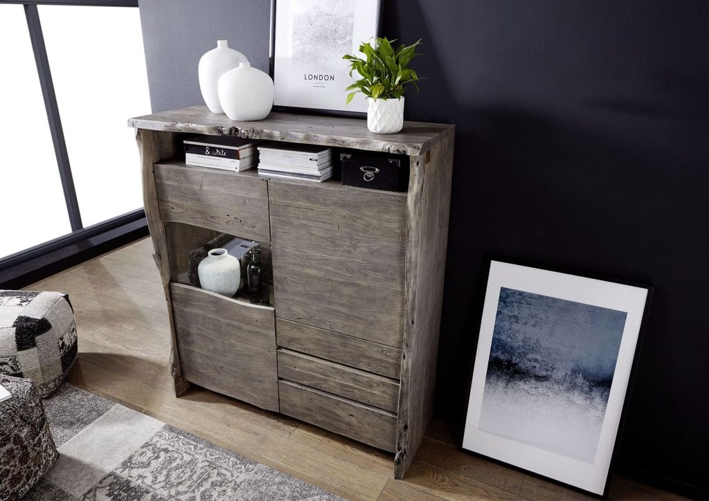MASSIVMOEBEL24 Highboard Akazie 131x45x147 grau lackiert PURE ACACIA #903