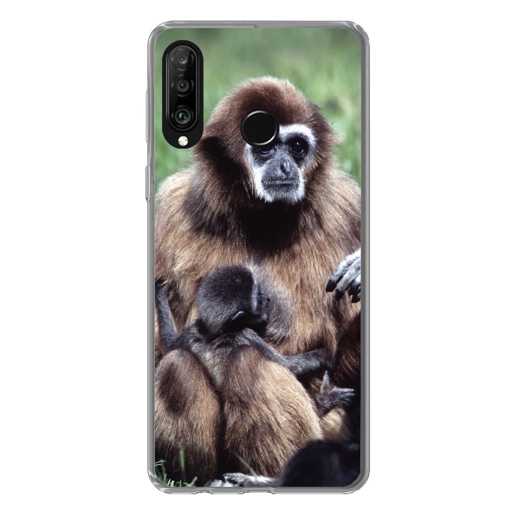MuchoWow Handyhülle Schutzhülle Hülle für Huawei P30 Lite Affe - Pflanzen - Jung Silikon Softcase Handy Hülle - Handyhülle