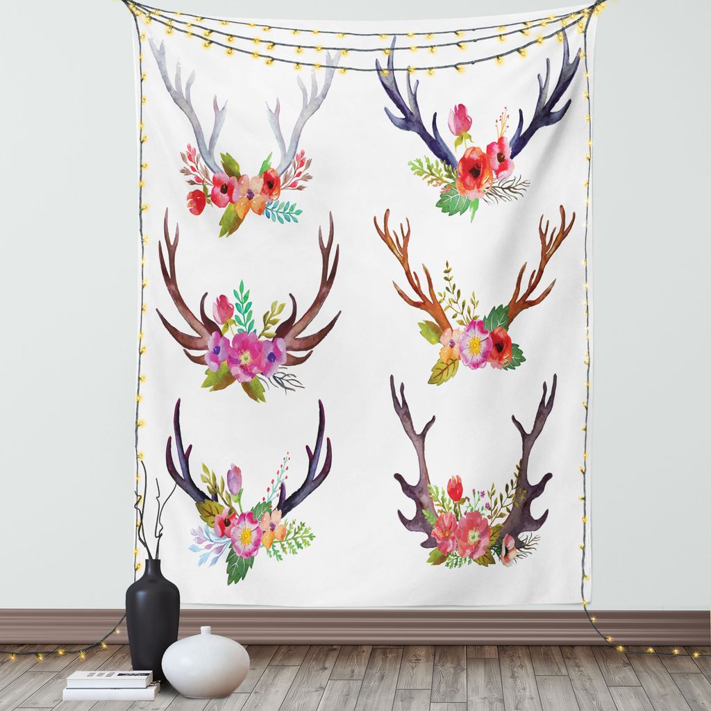 ABAKUHAUS Geweih Wandteppich, Hirsch Hörner Bouquet Blumen Blühen Spaß Frühling Garten Zweige Kunstwerk Druck, Wohnzimmer Schlafzimmer Seidiger...