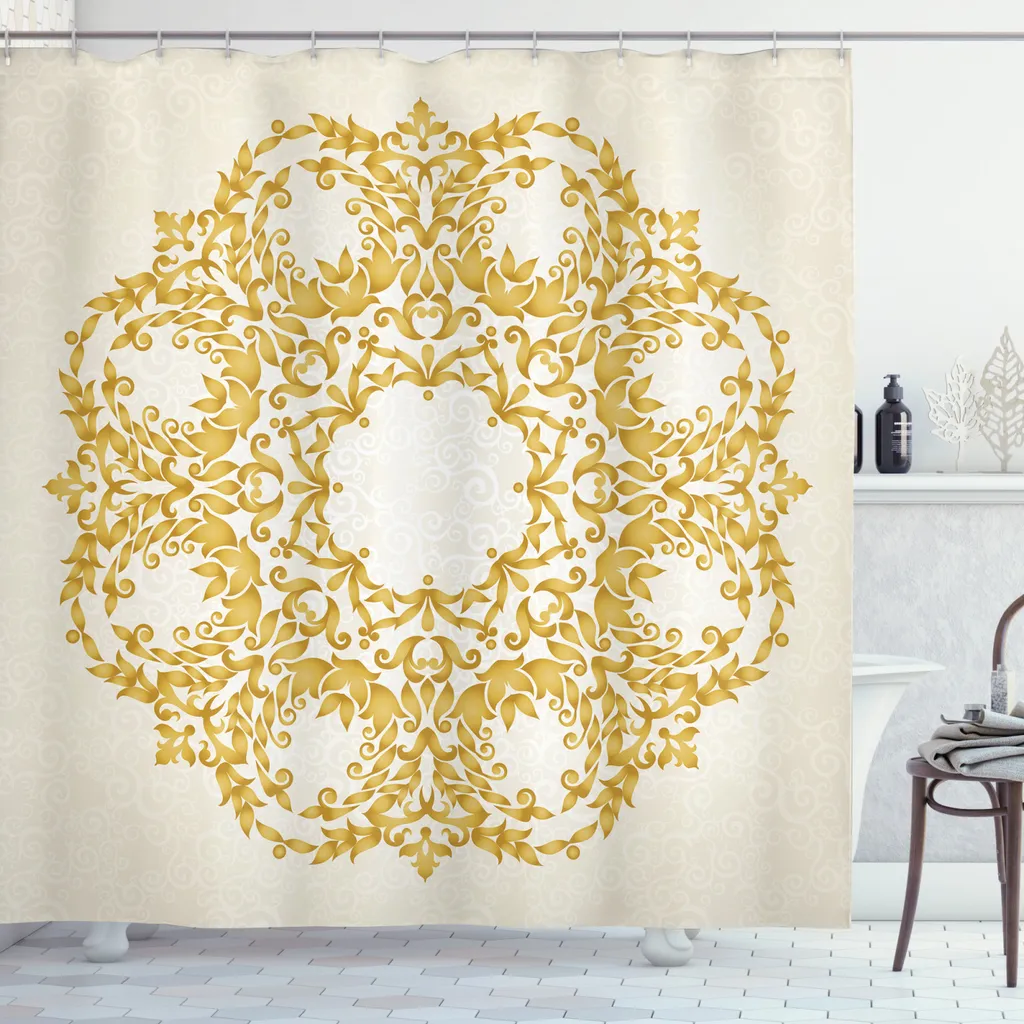 ABAKUHAUS Tenda da doccia vittoriana, Floral Baroque Round, impermeabile, incl. 12 anelli, resistente a batteri e muffe, 175 x 240 cm, giallo crema