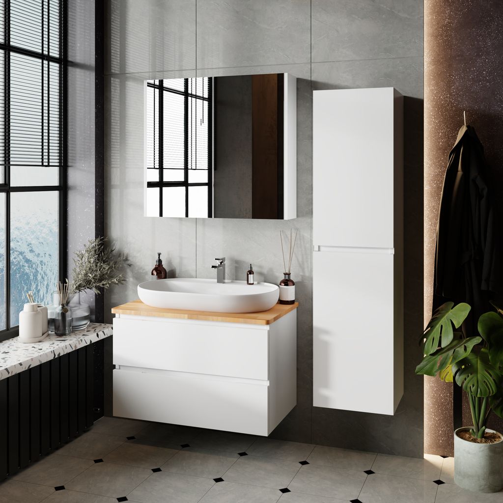 KAREN banyo Badezimmermöbel Set Vega mit Konsole 80 cm Weiß| Aufsatzwaschbecken | Spiegelschrank | Unterschrank | Softclose-Schubladen &-Türen| ...