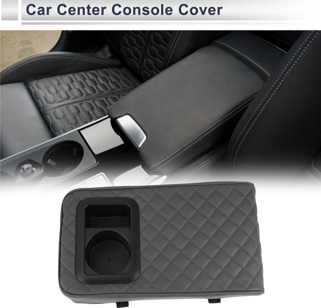 Auto Mittelkonsole Abdeckung Mittelkonsole Kissen Mit Getränkehalter 13.39"x7.48"x2.76" Schwarz Grau Nappa Leder