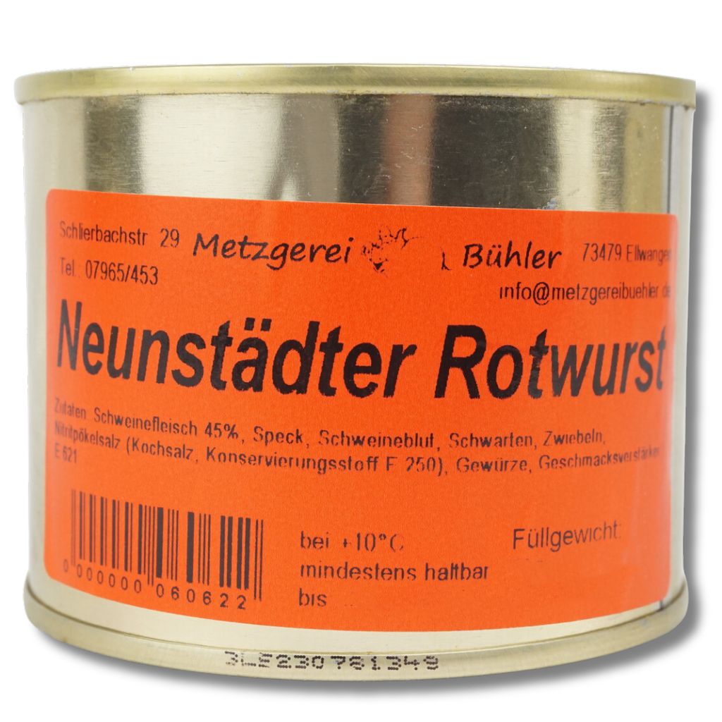 Schwäbische Neunstädter Rotwurst Dosenwurst - Wurstkonserve | Metzgerei Bühler – 300g