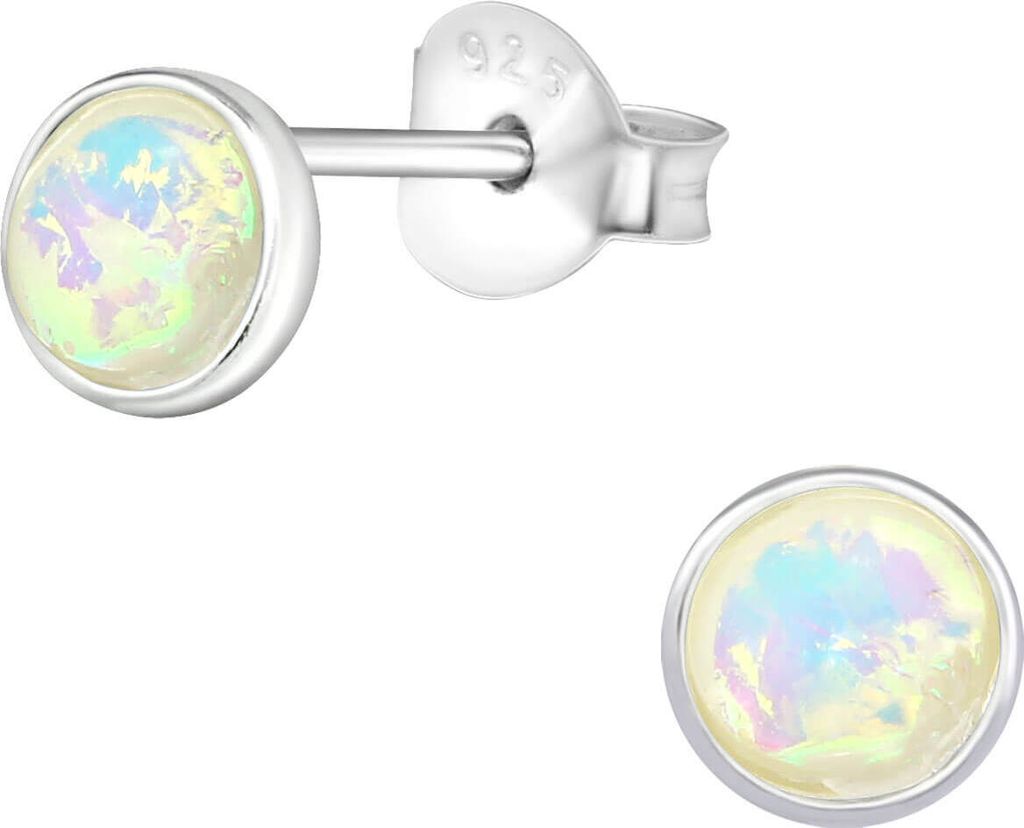 925 Sterling Silber Ohrstecker mit synthetischem Opal in weiß oder grün Farbe - Weiß