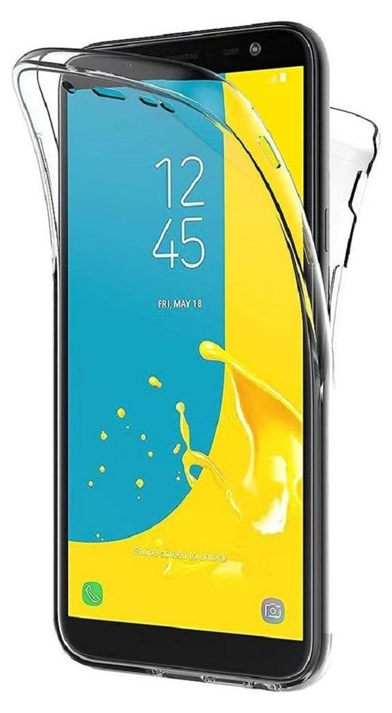A clear protective case is shown covering a smartphone.
