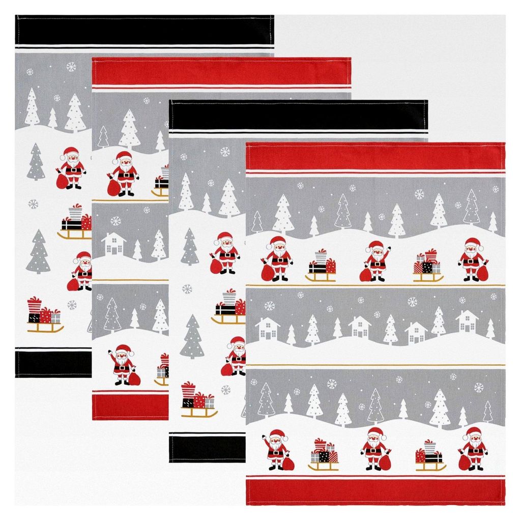 Geschirrtuch "Weihnachtsmann" 4er-Pack Baumwolle schwarz-rot-grau Größe 50x70 cm - robust, saugfähig, weihnachtliches Design