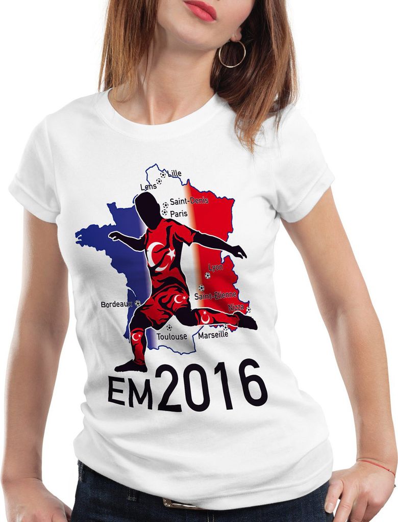 style3 EM 2016 Türkei Fan Damen T-Shirt Frankreich alle Spielorte Türkiye Turkey, Farbe:Weiß, Größe:M