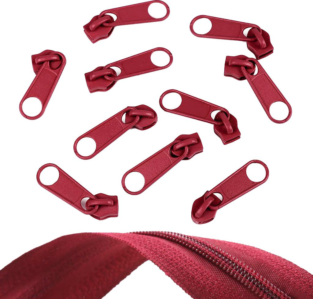 10 Reißverschluss Zipper für Endlosreißverschluss, 5mm, Farbauswahl, Farbe:weinrot