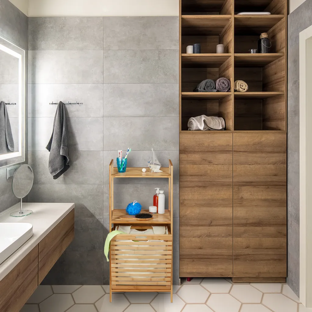 SoBuy Mobiletto da Bagno con Sacco per Biancheria Mobile con Cesto a