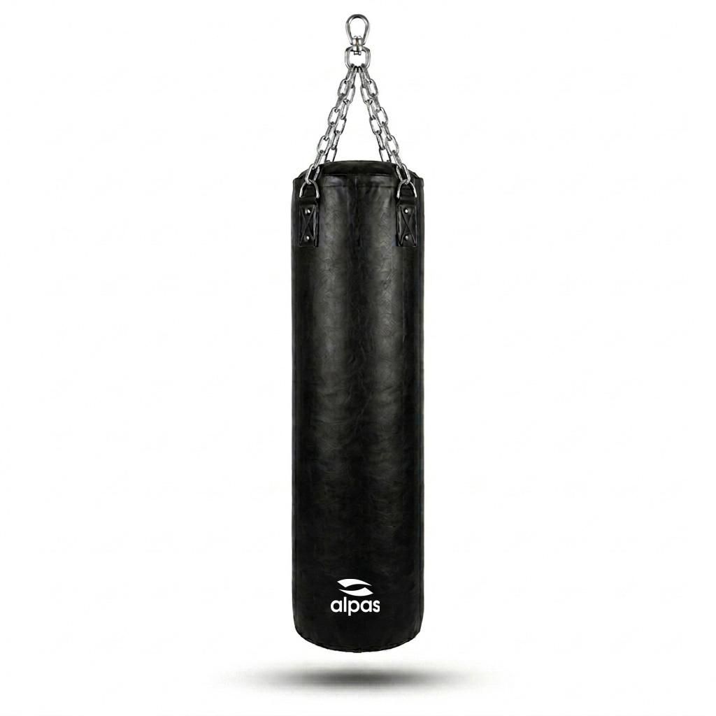 Alpas Boxsack 120cm - robust & langlebig | Sandsack in Profiqualität I 4-Punkt Stahlkette für Boxen, Kickboxen, MMA I Kunstleder I UNGEFÜLLT