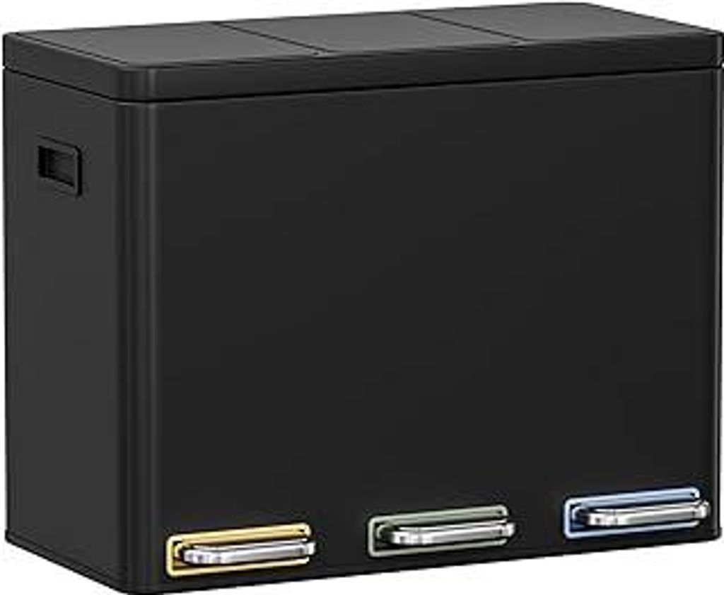Clevich Mülltrennsystem 3×15L aus Stahl, Mülleimer 3 Fächer mit farbcodierten Pedalen, Abfalleimer mit Soft-Close-Deckeln und Inneneimern, Schwarz