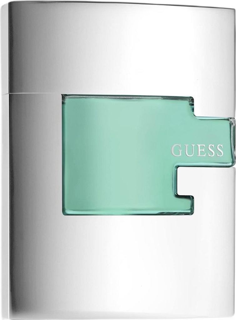 A close-up, studio shot of a Guess Man Eau de Toilette bottle.