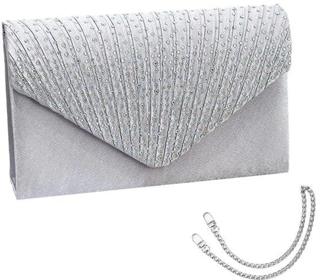 Sac de soirée argenté strass et satin avec double chaîne amovible