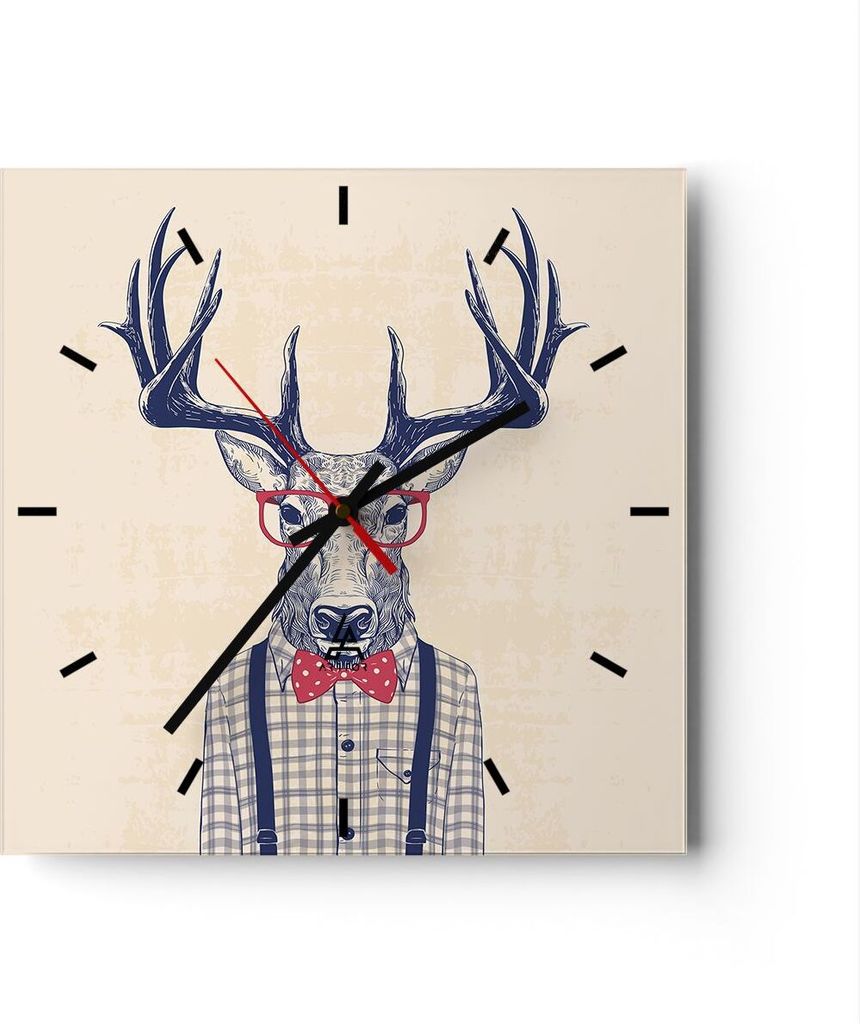 Wanduhr - Quadrat - Glasuhr - Charakter Hirsch Illustration hipster - 30x30cm - Schleichendes Uhrwerk - Lautlos - zum Aufhängen bereit - Dekoratio...