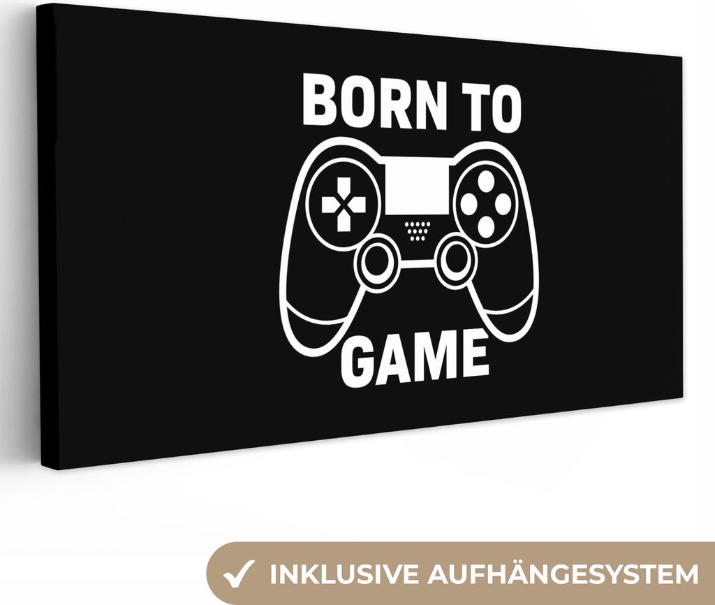 MuchoWow - Leinwandbilder - Gaming - Zitate - Controller - Zum Spielen geboren - Schwarz - Weiß, Wandbild, Wanddeko Bilder Wohnzimmer, 40x20 cm