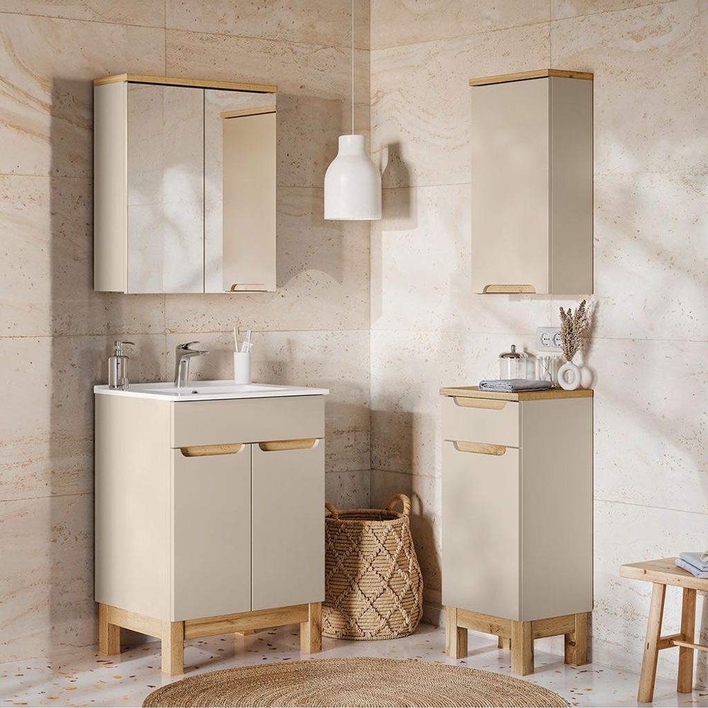 Badmöbel-Set 4-teilig mit 60 cm Waschtisch & Spiegelschrank in kaschmir und Eiche, modern grifflos - SOLNA-56-CASHMERE