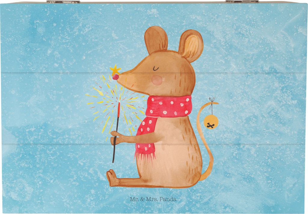 Mr. & Mrs. Panda Holztruhe Maus Weihnachten 22 x 15 cm - Eisblau - Geschenk, Kiste mit Deckel, Holzbox, Weihnachtswunder, Erinnerungsbox, Weihnacht...