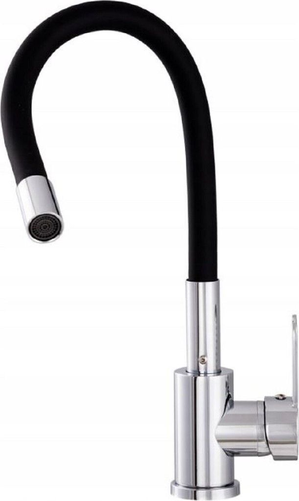 A studio shot of a kitchen faucet against a white background.