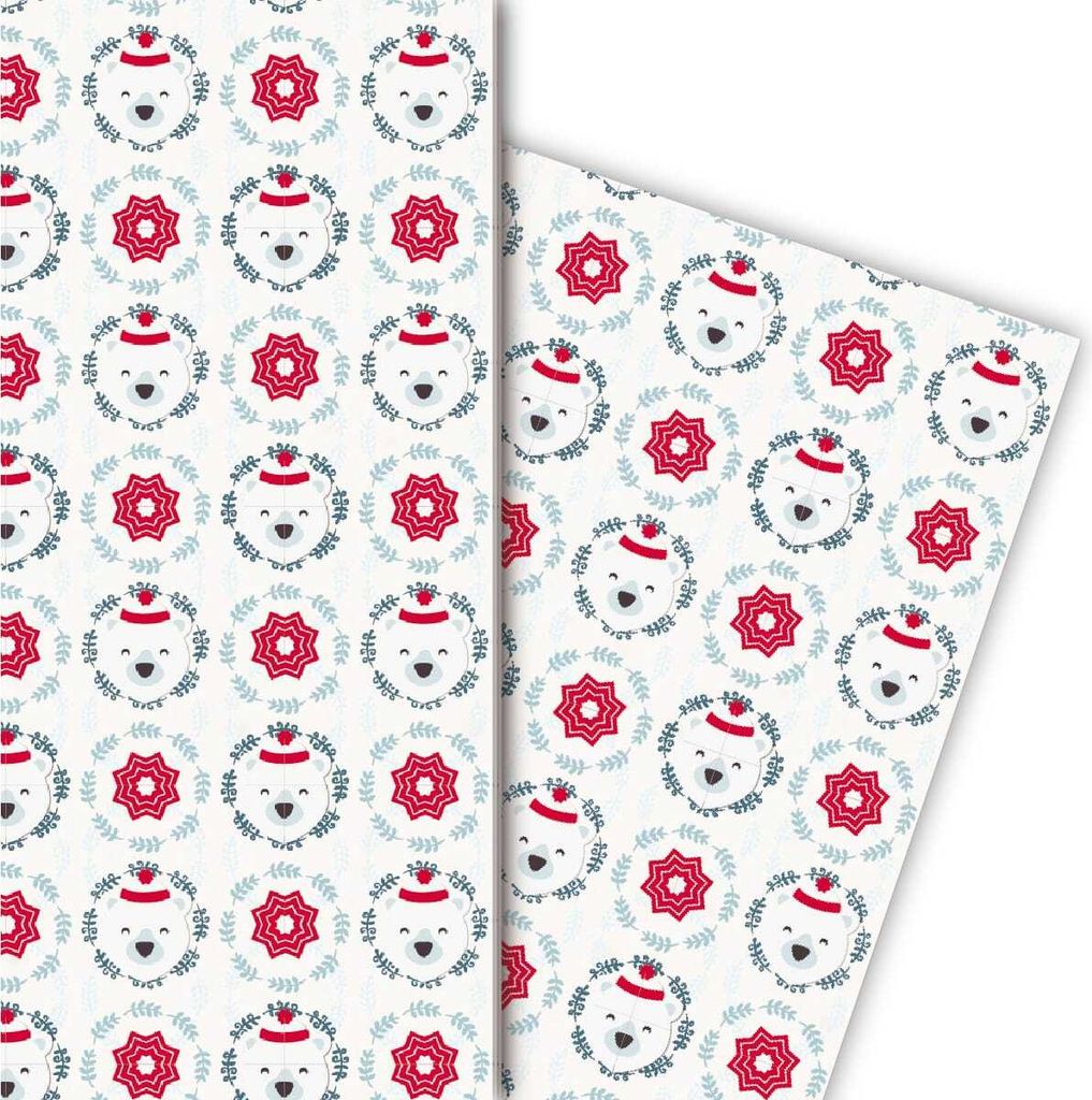 Weihnachts Geschenkpapier mit Eisbär und Stern, off white - G4775, 32 x 48cm