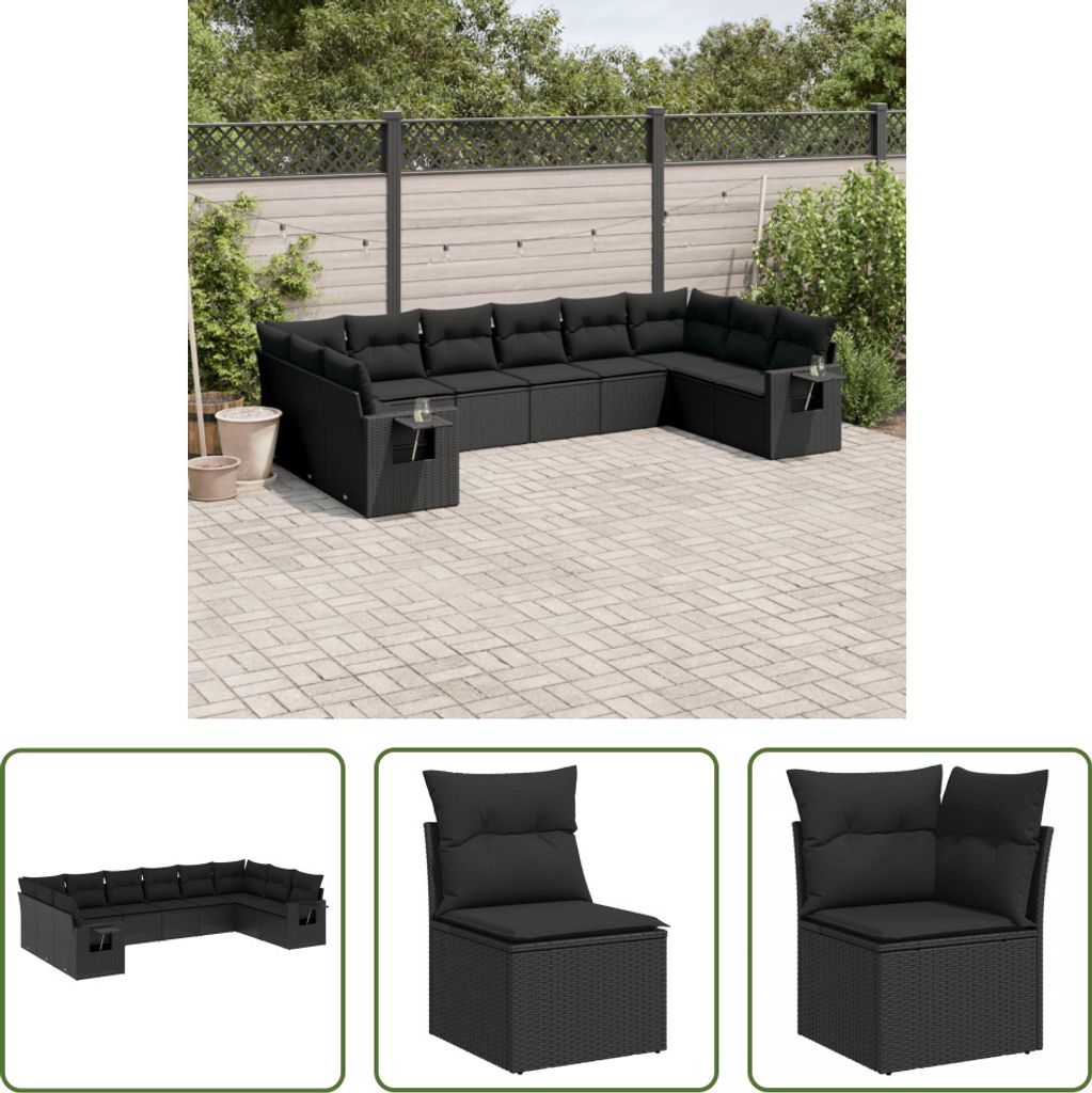 The Living Store 10-tlg. Garten-Sofagarnitur mit Kissen Schwarz Poly Rattan