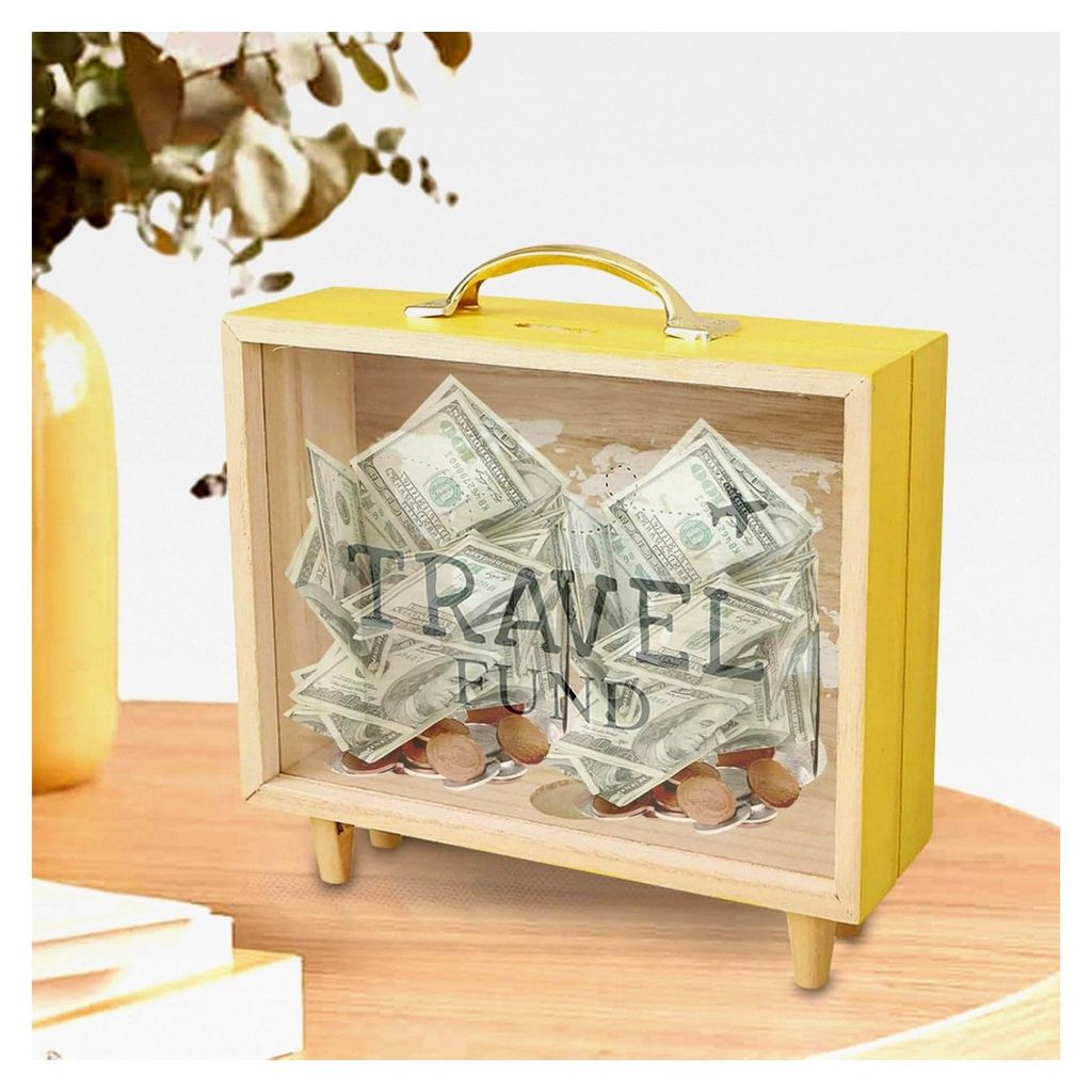 Holzrahmen für Erinnerungsboxen: Kartenvitrine mit strapazierfähiger Frontplatte und einzigartigem Slot-Design | Geldsparfunktion mit Flugzeug-Motiv