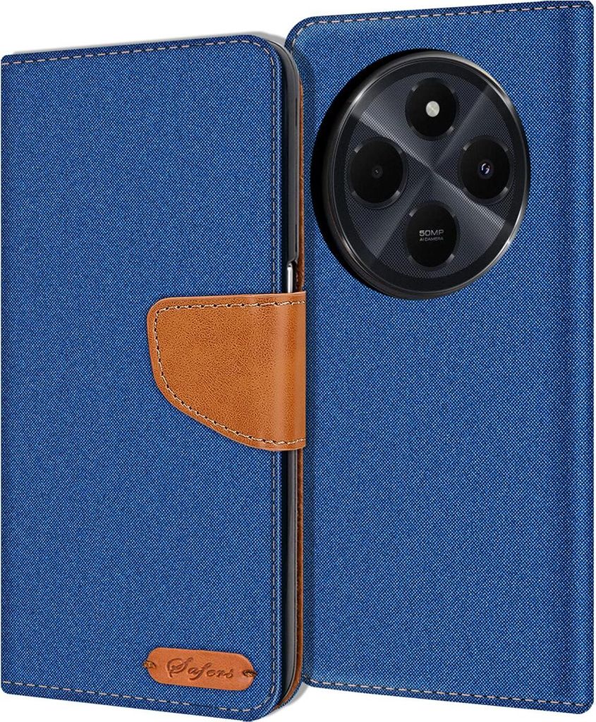 Conie Jeans Style Klapp Tasche für Xiaomi Redmi 14C / Poco C75 Kartenfach Hülle Rundumschutz in Blau
