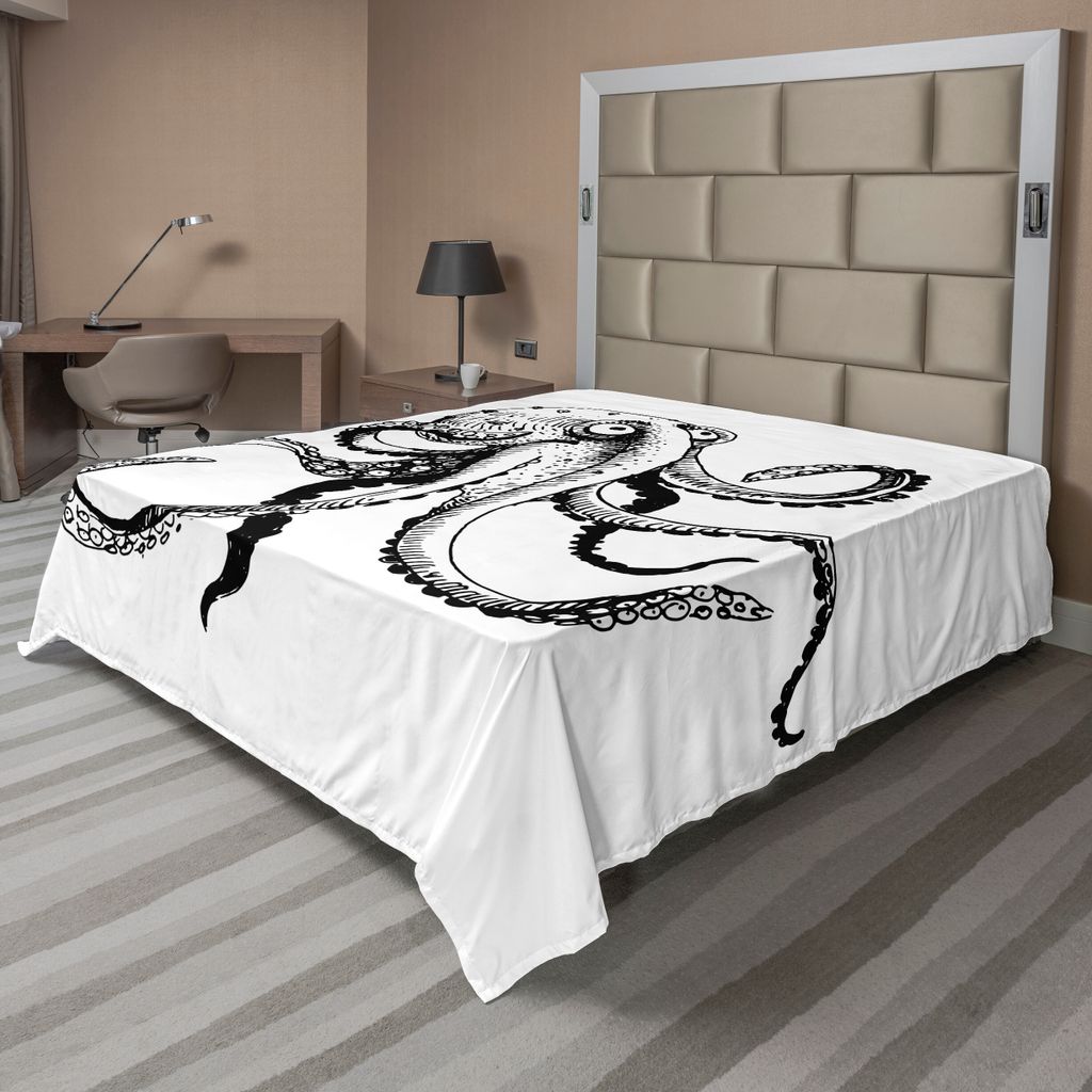 ABAKUHAUS Tintenfisch Bettlaken, Lächelnde Schüchterne Krake, Die Restaurant Comic Spaß Gekritzel Kunst Druck, weiches bequemes oberes Bettlaken...