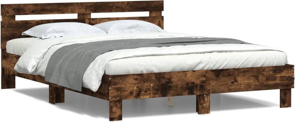 Design Bettgestell mit Kopfteil LED-Beleuchtung Räuchereiche 140x190cm, Klassische Betten 2024 Neu