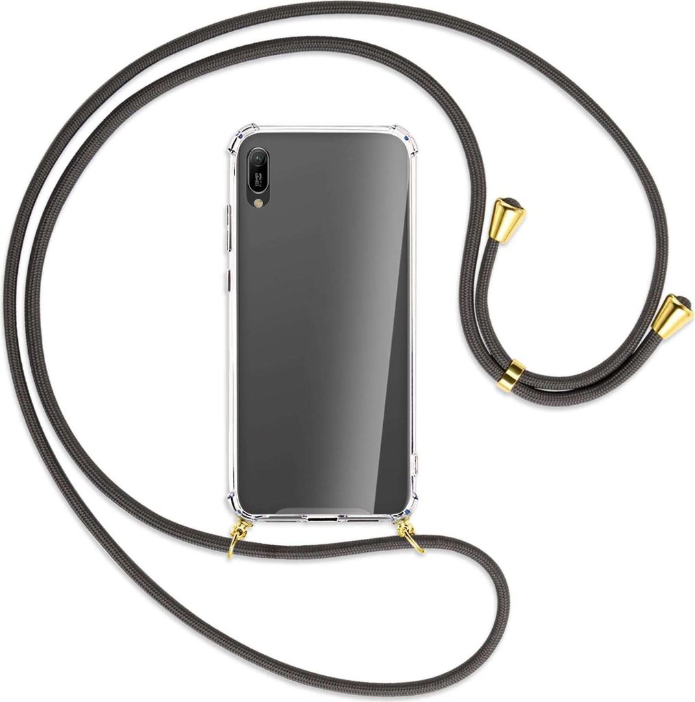 Handykette Backcover-Schutzhülle mit Band (Metall goldfarben) für Huawei Y6 2019 - dunkelgrau