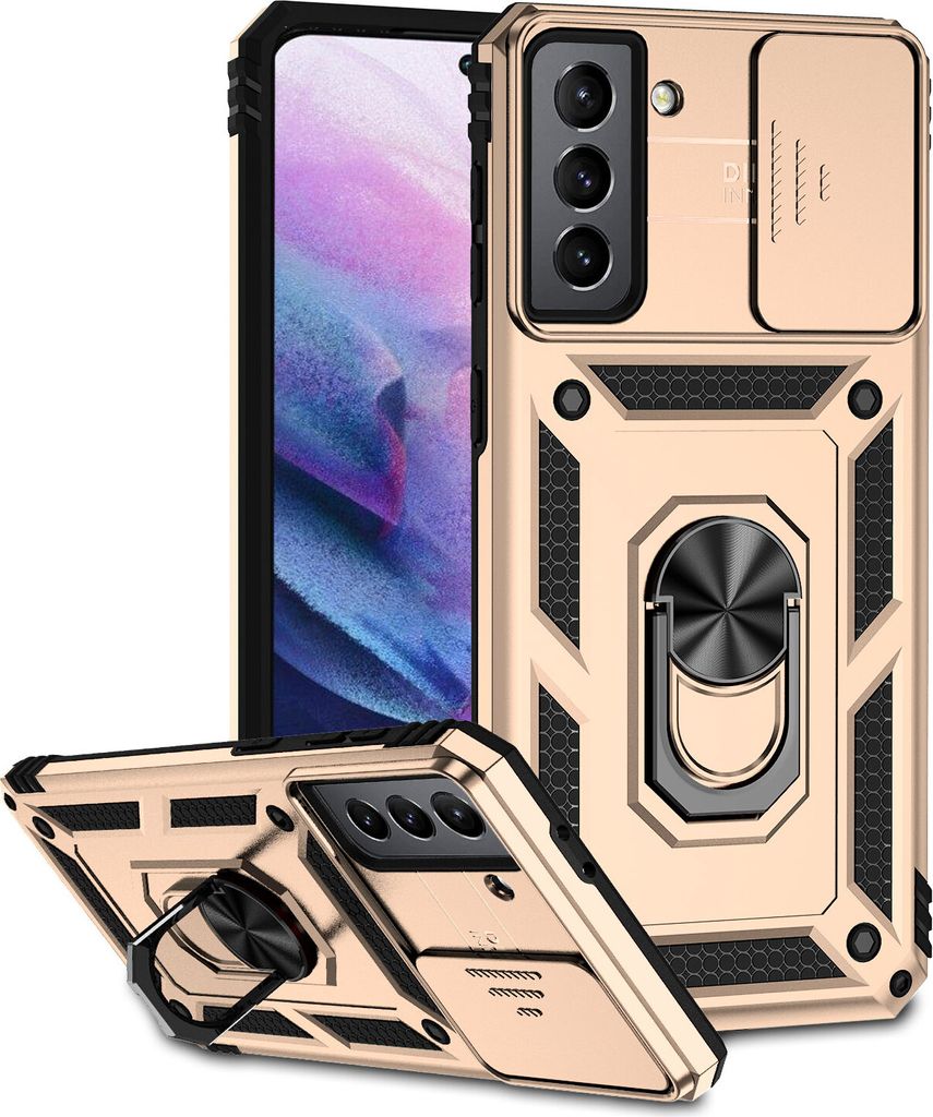 Galaxy S21 FE 5G Hülle mit Schiebe Kamera Schutz und Ringhalter Ständer Robust Rüstung Schutzhülle für Samsung Galaxy S21 FE 5G Gold
