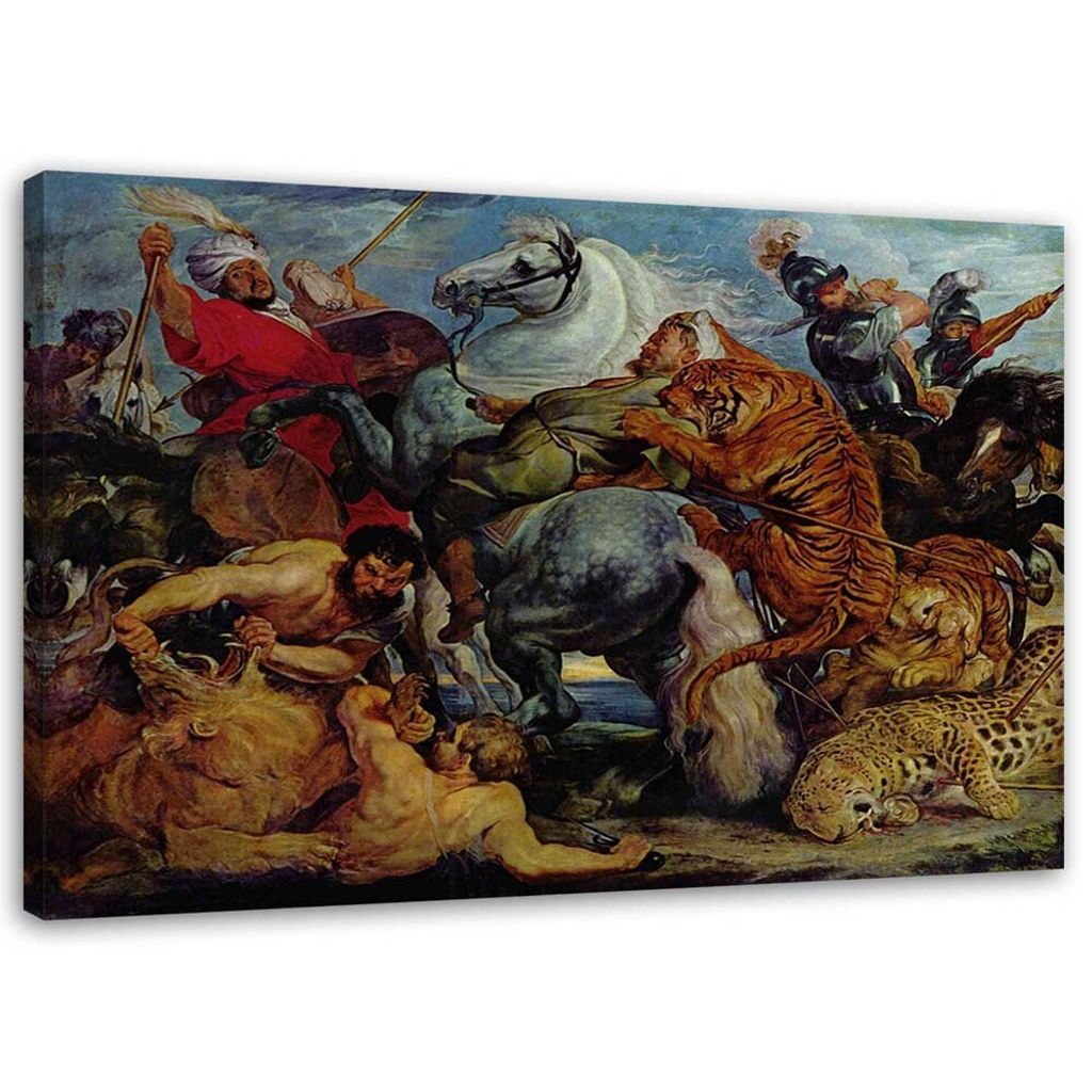 Leinwandbild jagd auf den tiger - p. p. rubens reproduktion 120x80 cm Feeby braun wandbild bereit zum aufhängen