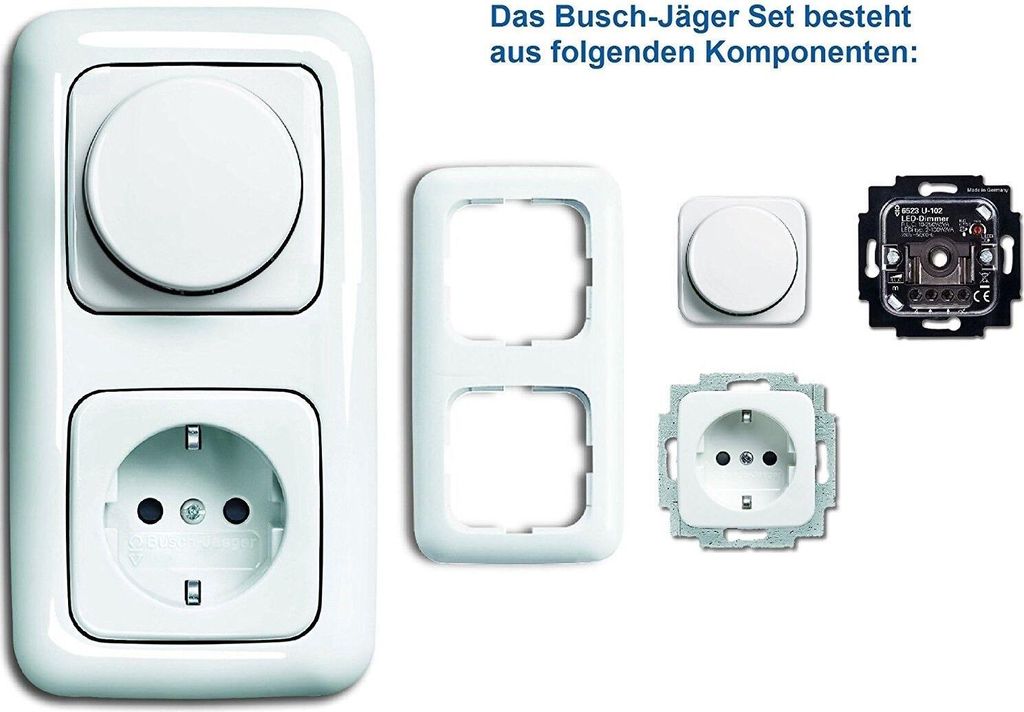 Busch Jäger / LED Dimmer 6523U-102 Komplett mit Steckdose Kinderschutz alpinweiß