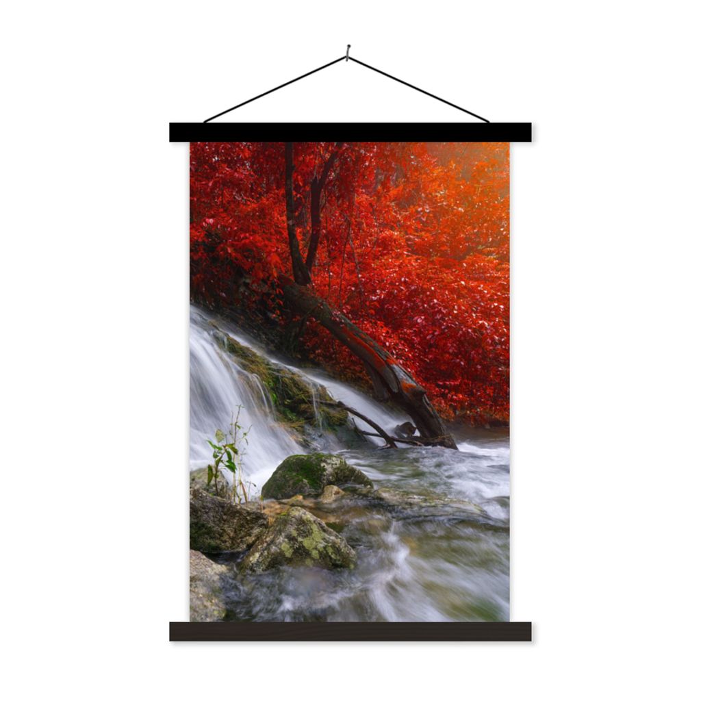 MuchoWow Textilposter Wasserfall - Felsen - Wasser - Herbst 60x90 cm mit schwarzem Rahmen - Poster Wohnzimmer