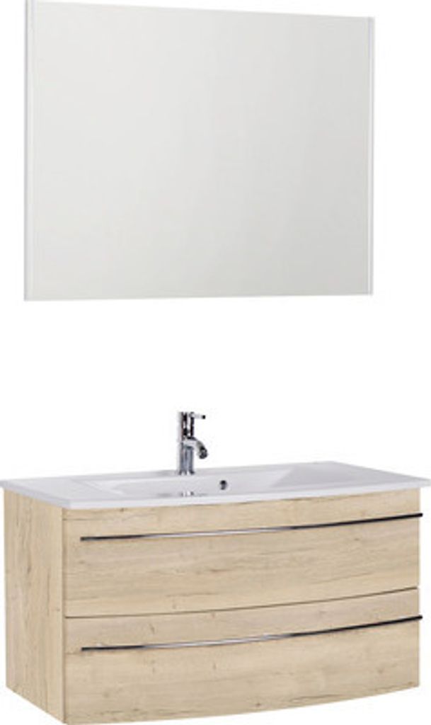 Marlin Badmöbel-Set 3040 BxHxT 91 x 198,2 x 51 cm Frontfarbe eiche weiß mit Waschtisch Keramik weiß, Spiegel mit LED-Bel
