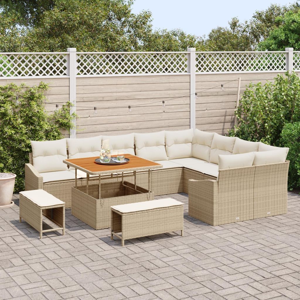 12-teiliges Gartensofa-Set mit Kissen Beige Poly Rattan Akazie, Design Möbel Gartensofas Neu