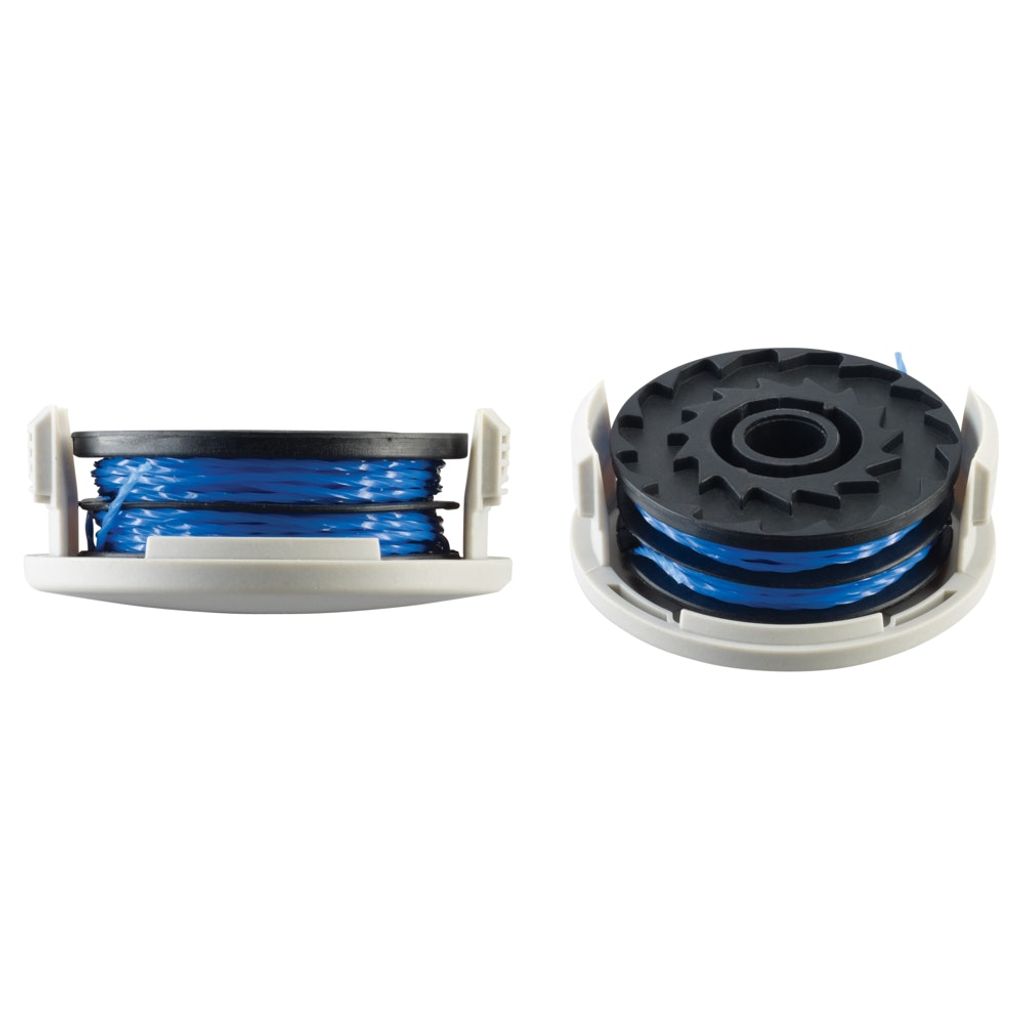 Two views of a string trimmer spool with blue trimmer line.